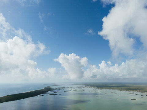 Aerial view of lagoon and coastline in Tulum, Mexico