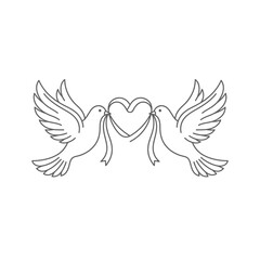 Fototapeta premium Two doves holding a heart with ribbons line art illustration.
