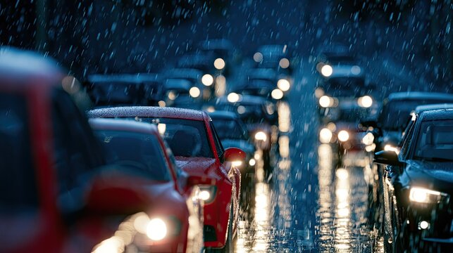 Heavy traffic jam on city street in rainy night, wet road reflecting car headlights, urban evening commute and city transportation scene
