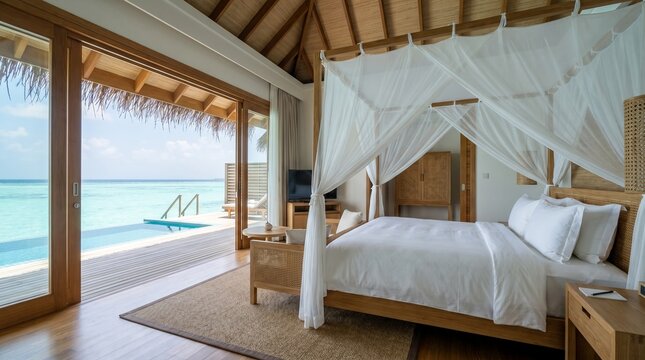 Luxury overwater villa bedroom with canopy bed and view of tropical ocean