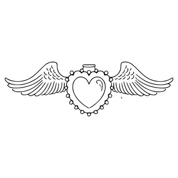 hand drawn angel wing heart sketch, simple black and white jewelry outline