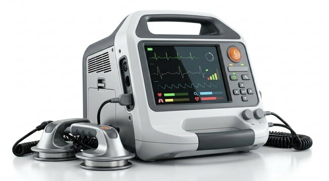 Premium 3D defibrillator isolated on white background, modern emergency medical device, realistic materials and buttons, healthcare technology concept, ultra-detailed product render, no text, no label