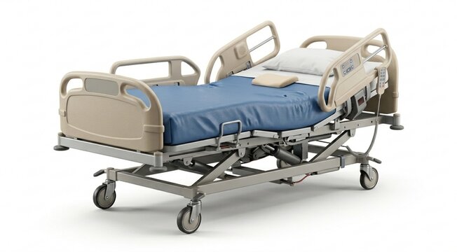 High-quality 3D hospital bed isolated on white background, realistic medical furniture, detailed construction, healthcare environment equipment, soft studio shadows, photorealistic render, no text
