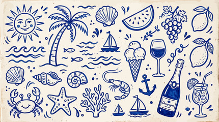 Collection of hand-drawn blue summer icons including sun, palm tree, beach elements, fruits, and drinks on textured paper. Perfect for seasonal designs and Mediterranean vacation themes. © Ayong