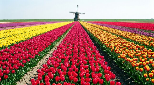 Vibrant rows of blooming tulip flowers leading to traditional Dutch windmill