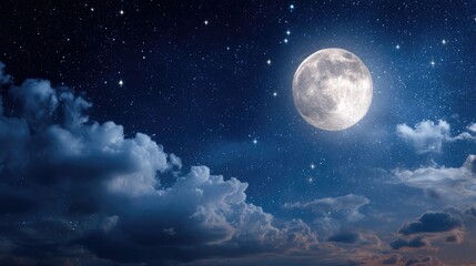 Fototapeta premium Bright Full Moon Illuminates Starry Night Sky with Wispy Clouds and Deep Cosmic Colors in Tranquil Romantic Setting