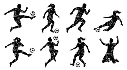 Collection of diverse soccer player silhouettes featuring men and women in dynamic action poses including kicking the ball, dribbling, heading, and celebrating victory on a white background. © Ayong