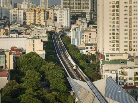 Oblique metro crossing Hanoi streets