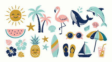 Obraz premium Cute hand-drawn summer vacation doodles set with tropical palm trees, flamingo, whale, dolphin, surfboard, and sun characters. Perfect for seasonal beach travel stickers and holiday card designs.