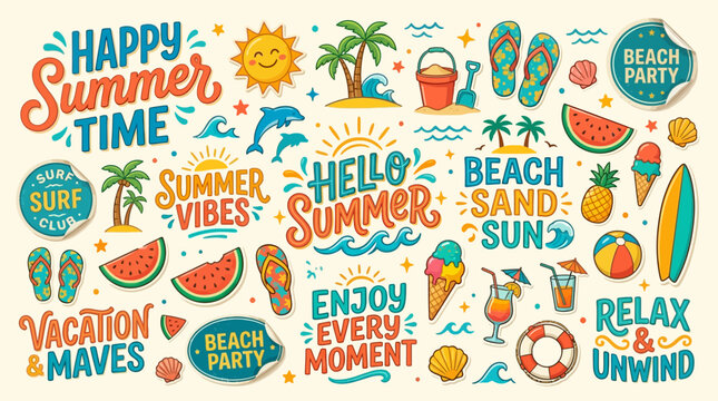 Large collection of vibrant summer stickers and hand-drawn lettering elements featuring icons like palm trees, tropical fruits, sun, surfboards, and ice cream for beach vacation graphic designs.