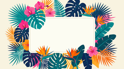 Tropical Border Illustration with Hibiscus, Orchids, Bird of Paradise and Monstera Leaves around a Blank Rectangular Frame for Summer Party Invitation or Greeting Card Background Design. © Ayong