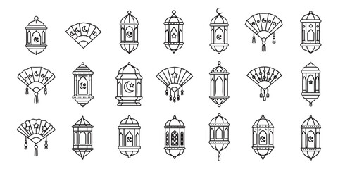 Ramadan and Eid decorative icons fan lantern crescent moon and star Islamic cultural elements for festive greetings design. © SaHeD