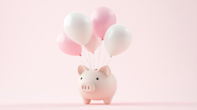 Adorable 3D pink piggy bank floating with colorful balloons representing financial savings and celebration