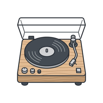 Vintage wooden record player turntable with vinyl record.