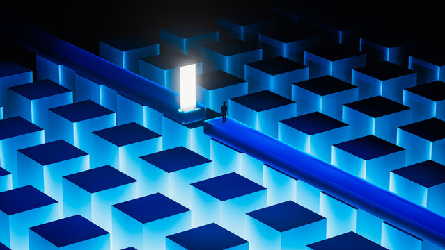 Man steps through door into new dimension with abstract background