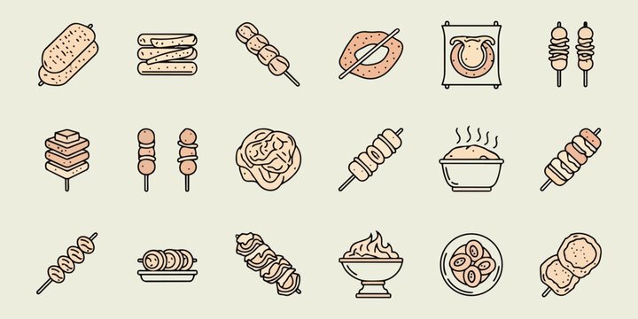 Assortment of Japanese street food icons, including skewers, rice bowls, and desserts on a plain background.