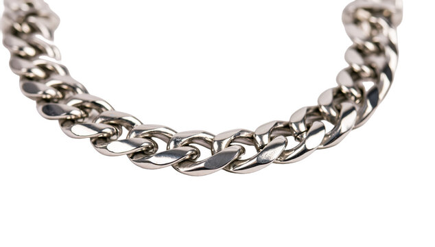 Silver metal chain necklace link close-up on transparent background