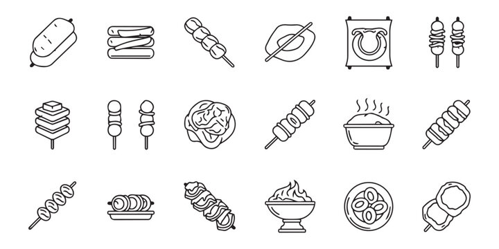 Set of grilled meat and vegetable skewers vector illustration featuring delicious various barbecue food items on stick.