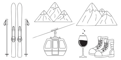 Winter vacation icons set featuring ski equipment mountains cable car and a glass of wine line art drawing illustration. © SaHeD