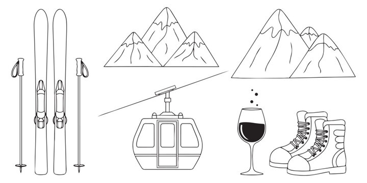 Winter vacation icons set featuring ski equipment mountains cable car and a glass of wine line art drawing illustration.