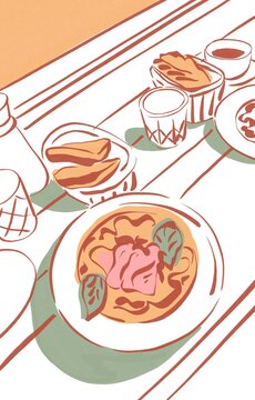Pasta, bread, and a drink in warm soft tone