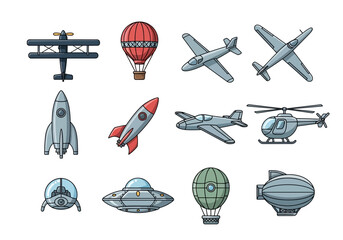 Vector Air and Space Vehicles Set: Airplane, Rocket, Helicopter, UFO, Hot Air Balloon, and Zeppelin Illustrations Isolated on White © Fauzan