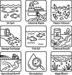 Fototapeta premium Environmental Pollution Icons: Industrial Waste, Plastic, Oil Spills, Sewage, Algae Bloom