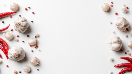Obraz premium Fresh Garlic and Red Chili Peppers on a White Table Background for Culinary and Food Photography Projects