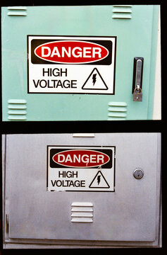 Film diptych of Warning Signs on Electrical Boxes in an Urban Area