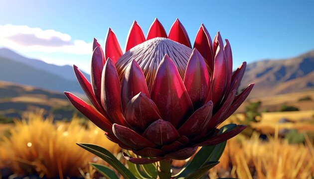 Stunning King Protea Flower in Bloom with Mountain Landscape Background.