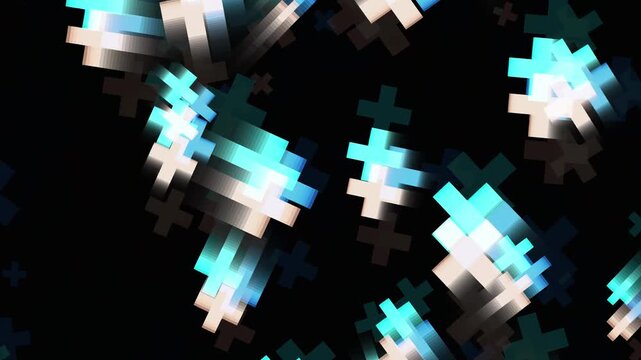 Abstract Digital Animation with Glowing Blue and Beige Plus Signs Moving Against a Black Background. 4K Video