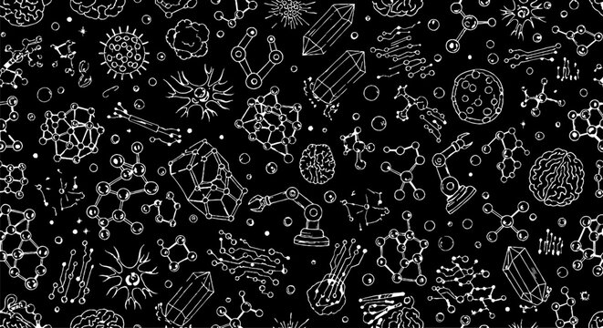 Abstract Scientific Doodle Patterns on Dark Background.
