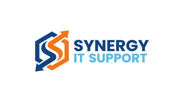 Synergy IT Support logo with abstract S shape and arrows on white background