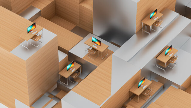 Surreal office interior with desks and computers in unique layout