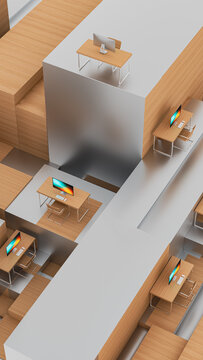 Surreal office interior with desks and computers in unique layout