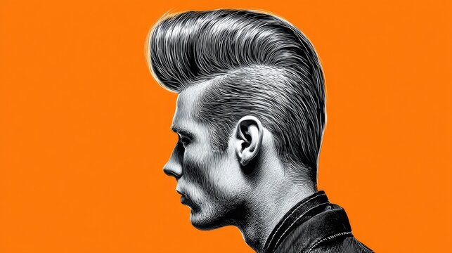 Creative artistic illustration of a stylish young man with a modern pompadour hairstyle against an orange background
