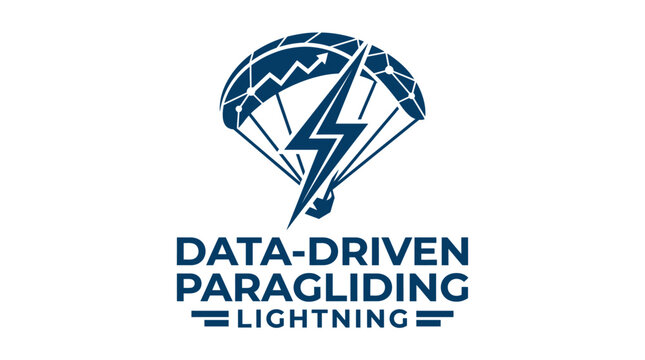 Vector illustration of a paraglider with lightning bolt and text 'DATA-DRIVEN PARAGLIDING LIGHTNING'.