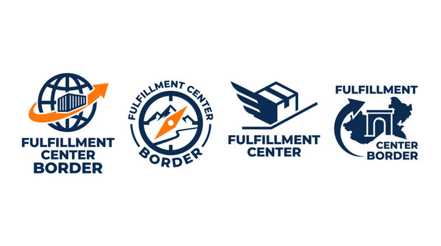 Fulfillment center border logos with globe, compass, box, and archway graphics