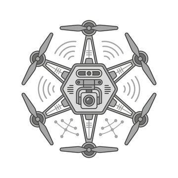 Grey hexacopter drone with central camera and signal waves.