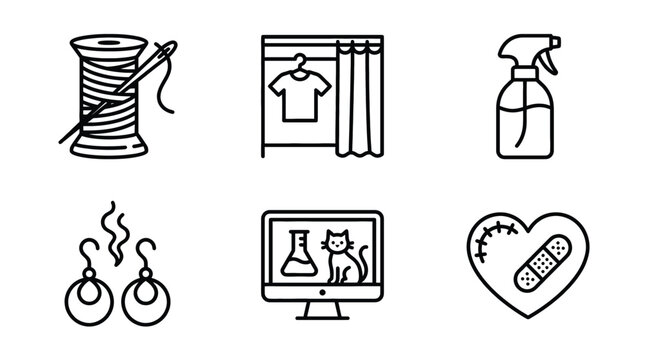 Miscellaneous lifestyle outline icons including a thread spool a fitting room a spray bottle earrings a cat on a monitor heart.