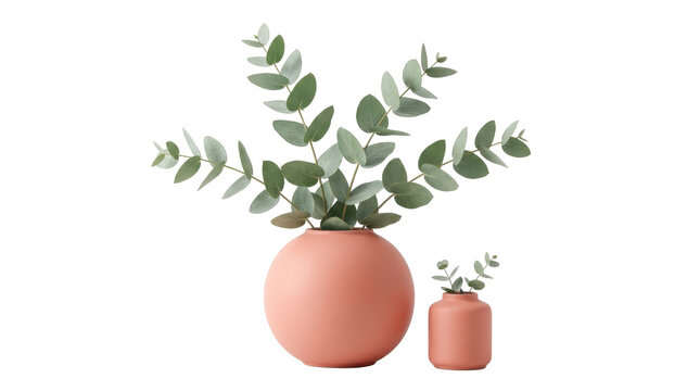 Two coral pink vases with green eucalyptus leaves, one large round, one small bottle vase, on transparent background.