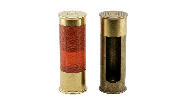 Pair of brass shotgun shells with one showing inner mechanism and red plastic casing on transparent background.