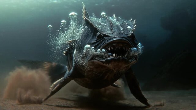 Aggressive deep sea predator fish swimming