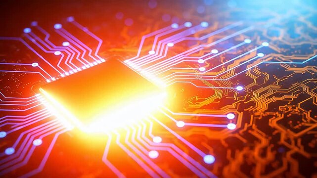 Circuit board with glowing blue lines