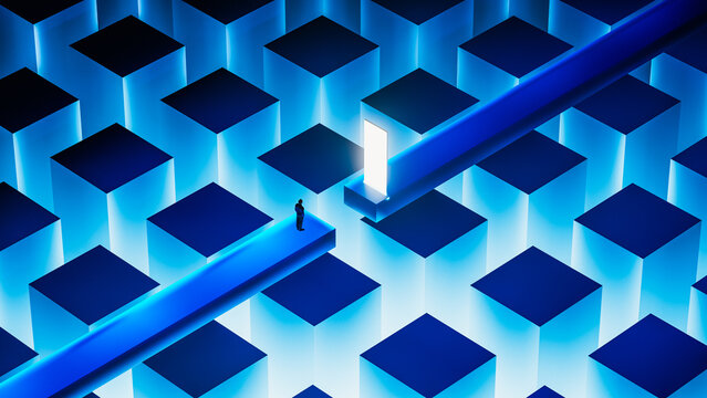 Man steps through door into new dimension with abstract background