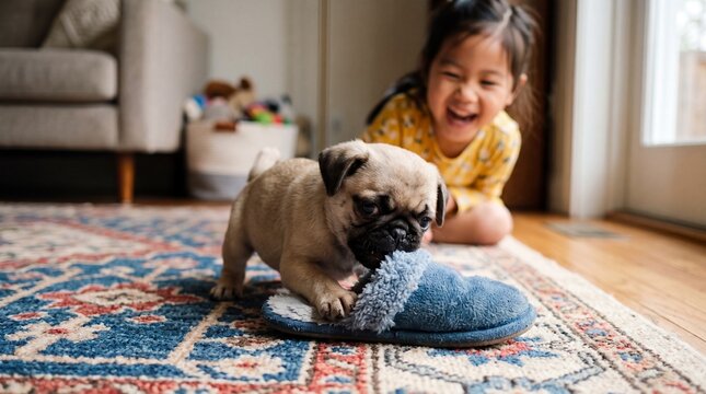 A mischievous pug puppy happily chews a blue fuzzy slipper on a patterned rug while a girl laughs behind it. The image radiates innocent chaos, playful energy, and warm joy.