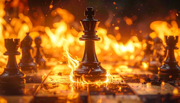 Chessboard with king in flames, other pieces blurred, against a bokeh background; a dramatic composition