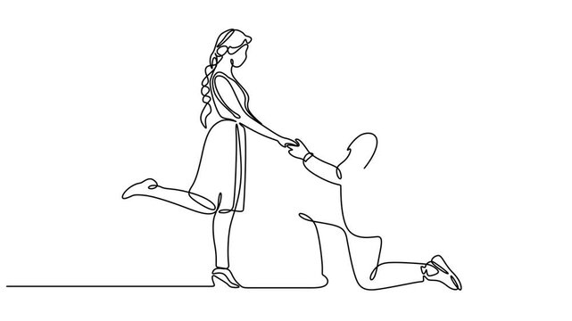 a romantic proposal scene, Animated self drawing of continuous one line drawing of a man proposing to a woman, Couple getting ready for wedding. Full length animated. 4K animation video minimalist pro