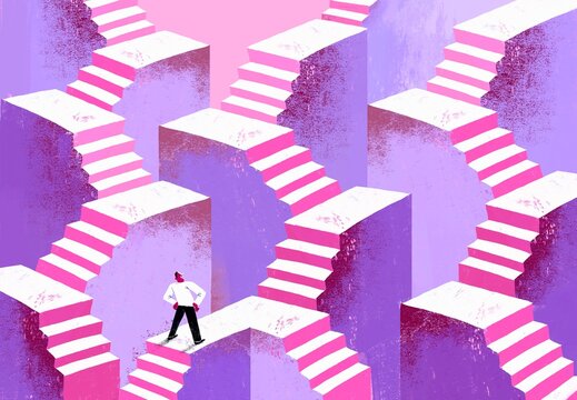 Person Facing Stair Labyrinth &ndash; Ambition and Complexity Concept