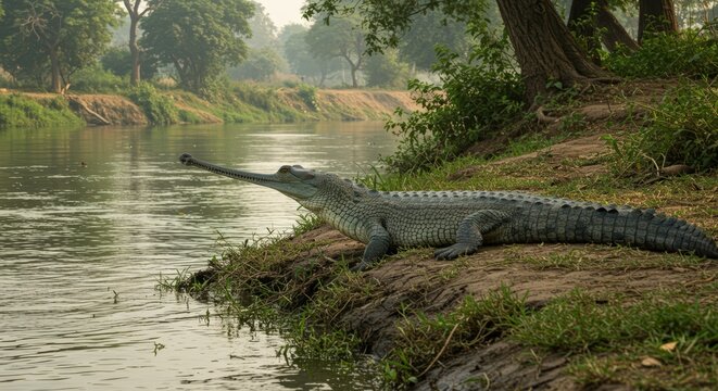 The gharial, also known as gavial or fish-eating crocodile, is a crocodilian in the family Gavialidae.  Longest among of all living crocodilians. Inhabits rivers in the plains of the northern part of 